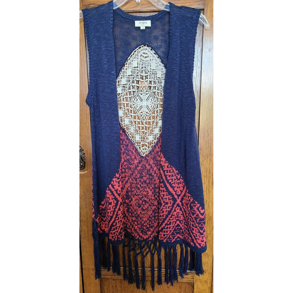 Umgee Boho Knit Fringe Vest Navy Blue Coral Pink Crochet Lace Back Small A1621
